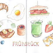 Aquarellskizze "Frühstück": Line and Wash Getränke und Essen zum Frühstück
