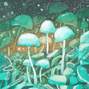 Aquarellbild "Pilztraum": viele Pilze in Türkis
