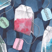Aquarellbild "Bedürfnis-Tee": Teebeutel mit Aufschrift (Respekt, Empathie, Geduld)