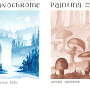 Aquarellskizze "Monochrom": monochrome Landschaften, Wasserfall, Pilze im Wald