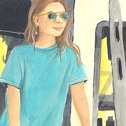 Gouachstudie "An der Reeling": junge Frau mit Sonnenbrille und blauem T-Shirt