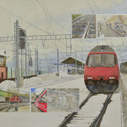 Bahnhof Brig mit verschiedenste Bilder / Acryl / 80x100 cm / 2017-2018 /----CHF 3'900----