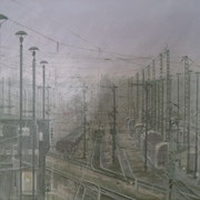 Rangierbahnhof bei Morgennebel / Acryl / 50x70 cm / 2012 /----CHF 1'900----