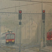  Zugeinfahrt bei Regen / Acryl / 80x100 cm / 2017 /----CHF 2'800----