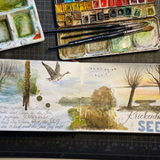 Blick ins Skizzenbuch "An den Krickenbecker Seen", Aquarell + Fineliner