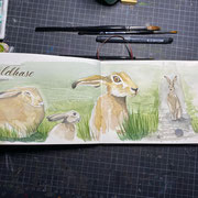 Blick ins Skizzenbuch "Feldhasen", Aquarell + Fineliner