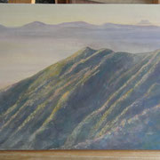 最近描いた日本画小品。一人暮らしの友人からの依頼で、朝の山の景を。