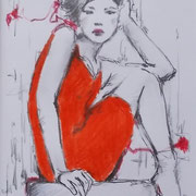 Girl in orange dress, 14 x 10 cm, pencils