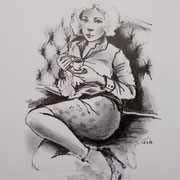 Girl with cup, 24 x 20 cm, monolith pencil on paper (sold)