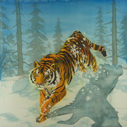 Si 12: Snow Cat (Panthera tigris altaica). 2013, Seidenmalerei 90 x 90 cm.