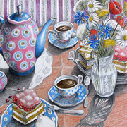 Bunzlauer Kaffeetafel 2009 - Farbstifte auf Papier, 36x48cm (in Privatbesitz)