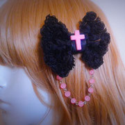 Black & Pink Beaded Bow with Cross
