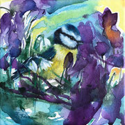 "Erster Frühling" (Blaumeise, Krokus, Schneeglöckchen). Aquarell und Öl auf Leinwand. 20 x 20 cm. 2023. (verkauft) 