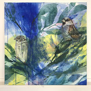 "Im Regen" ( Spatzen Paar/Sparrows) Mixed Media  auf Leinwand 80 x 80 cm 2021/22