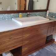 Sleek, contemporary walnut vanity.  Cabinet pulls provided by Kegg's Kreations.