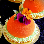 Himbeermousse-Törtchen mit Himbeere auf Kürbiskernbiskuit