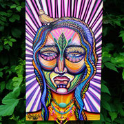 InnerIlluz Spiritmask By: Shalak.  Acrylic and magic jewel necklace on Canvas (30cm x 50cm) 2012. Available, please email Shalakattack@gmail.com to inquire more information.