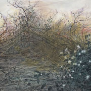 「11月のかれくさやま」　2008 /岩絵の具、胡粉、染料/　910㎜×2181㎜    / 「November-the heap of dry grass」2008/ Sumi, watercolors