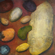 Steine   ...   Acryl, Tusche, Collage auf Leinwand   ...   100 x 100 cm