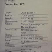 Daten der SS Orcades, Passagierschiff von 1937, im Maritime Museum Sydney