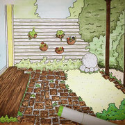 リフォームのデザイン　広島　かわいい庭　玄関前　ガーデニング　枕木　ナチュラル　こども　庭育