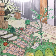 新築戸建　外構デザイン　広島　かわいい庭　玄関前　ガーデニング　枕木　ナチュラル　こども　庭育