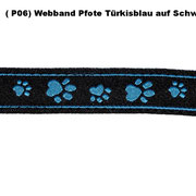 (P06) Webband Pfote Türkisblau auf Schwarz.