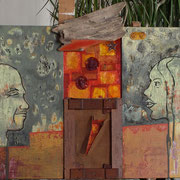 "Isomeri" Assemblage auf Holz 2005