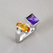 Vierkantring, Citrin, Amethyst, Silber