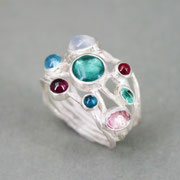 5er-Ring, Silber mit Rubinen, Turmalinen, Mondsteinen, Aquamarinen