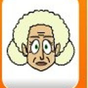 She's got short white curly hair and a heart face.
