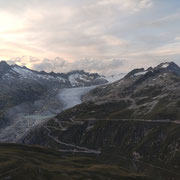 Der Rhônegletscher. Ganz rechts mit Schneekuppe der Galenstock.