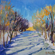 Kate Kern Mundie, "Meadows in Snow", oil on panel, 8" x 8"