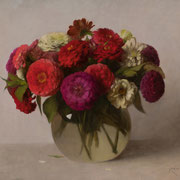 Carlo Russo, "Zinnias", 15.5" x 18.75", oil/linen on panel