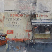 Catherine Mulligan, "West Indian and African Grocery", 17" x 24”, oil & xerox transfer on masonite  