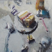 Catherine Mulligan, "Still Life with Cake", 20" x 16", oil on mylar