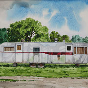 Robert Waddington, "Red Striped Trailer Home", watercolor, 8" x 10"