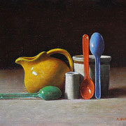 Rick Buttari, "Yellow Creamer and Spoons", 9" x 12", oil on mounted canvas