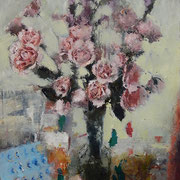 Catherine Mulligan, "Flowers in Studio", 18" x 12”, oil & pigment transfer on masonite  