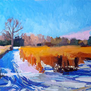 Kate Kern Mundie, "Old Snow (The Meadows)", oil on panel, 12" x 24"
