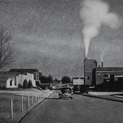 Rick Buttari, "Smokestack & Black Car", 10" x 17", charcoal on paper