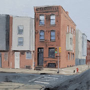 Shushana Rucker, "Street Corner", oil on panel, 4” x 4”