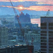 Patrick Crofton, “Center City Construction”, oil on panel, 14” x 11”