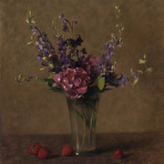 Carlo Russo, "Hydrangeas and Delphinium", 16" x 15", oil/linen