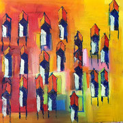" Cabanes hors-sol", Les ensauvagées, acrylique sur toile 38x46cm