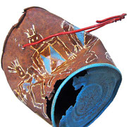 "Danza Tribale" 2 acrilici su barattolo arrugginito cm16x12,5 (ritrovato a Cima Uomo - P.sso San Pellegrino, Moena - TN)