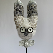 White Rabbit / 2021 / yarns, beads, buttons, moonstone, crochet / 18x10x10 cm