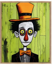 decoration costume toile tableau peinture clown art portrait nez rouge haut de forme coeud papillon planche bois verts orange idee cadeau anniversaire noel paques promo solde luxe chic fantaisie moderne tendance coloré 