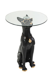 table basse apppoint résine plastique verre chien noir doberman lunette or decoration intérieure moderne tendance design chic luxe petit prix promo collier idee cadeau noel anniversaire 