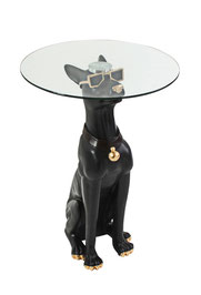 table basse apppoint résine plastique verre chien noir doberman lunette or decoration intérieure moderne tendance design chic luxe petit prix promo collier idee cadeau noel anniversaire 